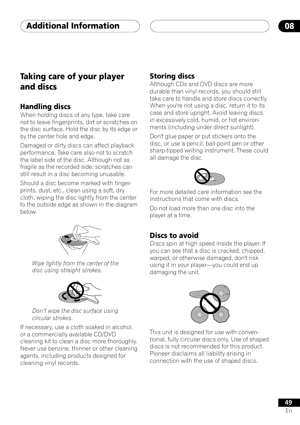 Taking care of your player and discs, Handling discs storing discs discs to avoid, Additional information 08 | Pioneer DV-353 User Manual | Page 49 / 56