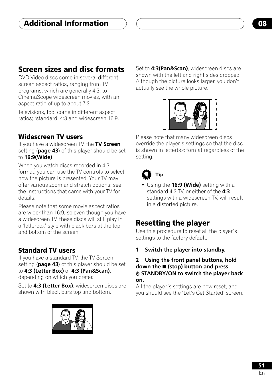 Screen sizes and disc formats, Widescreen tv users standard tv users, Resetting the player | Additional information 08 | Pioneer DV-353 User Manual | Page 51 / 56