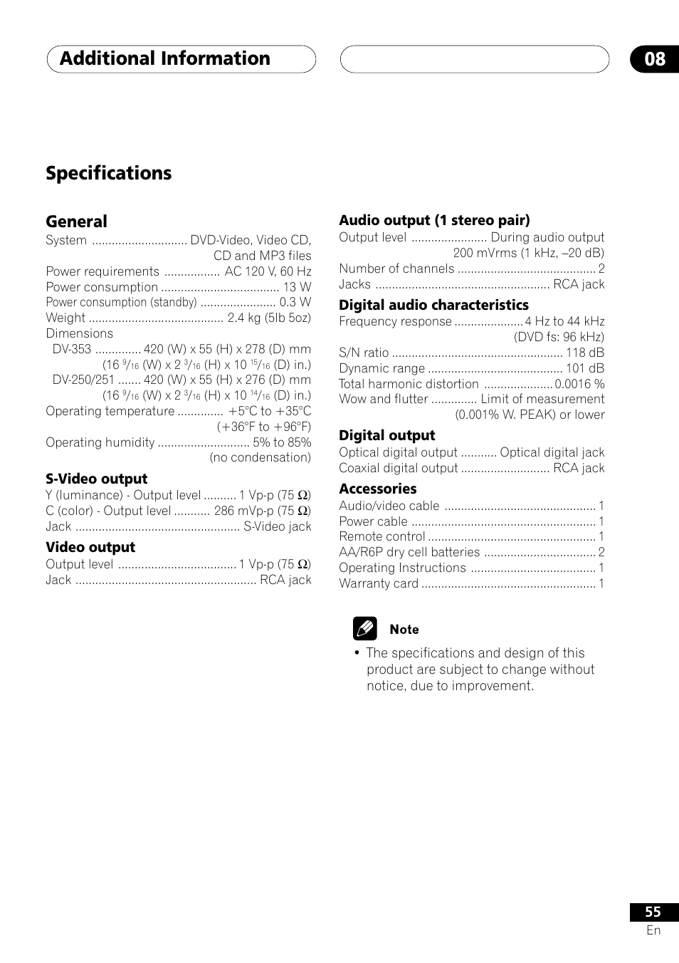 Specifications, Additional information 08, General | Pioneer DV-353 User Manual | Page 55 / 56