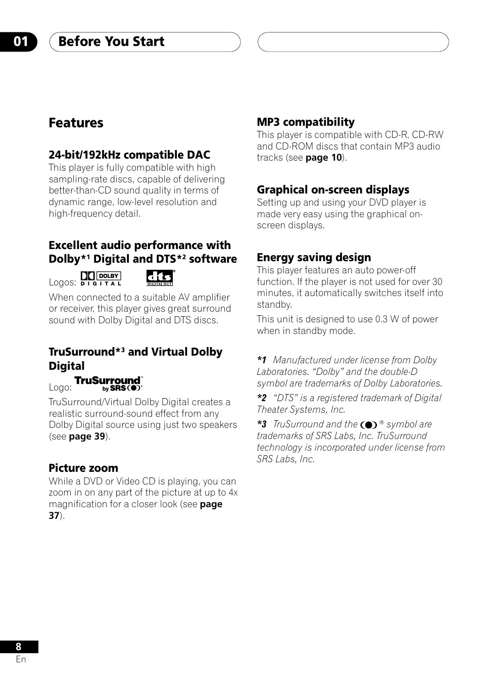 Features, Before you start 01 | Pioneer DV-353 User Manual | Page 8 / 56
