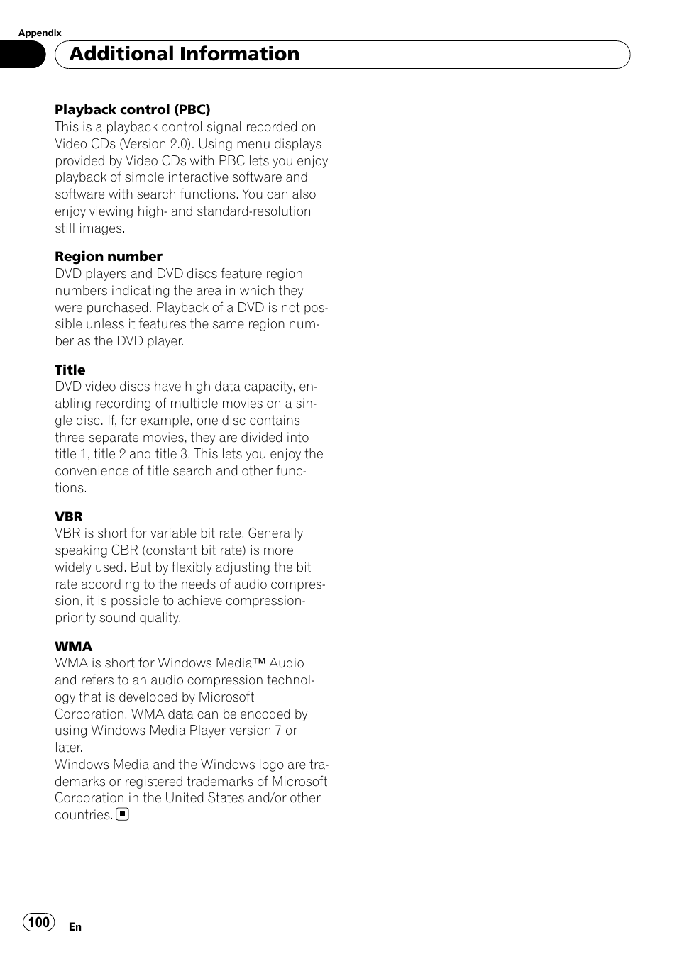 Additional information | Pioneer SUPERTUNER 3 AVH-P5100DVD User Manual | Page 100 / 104