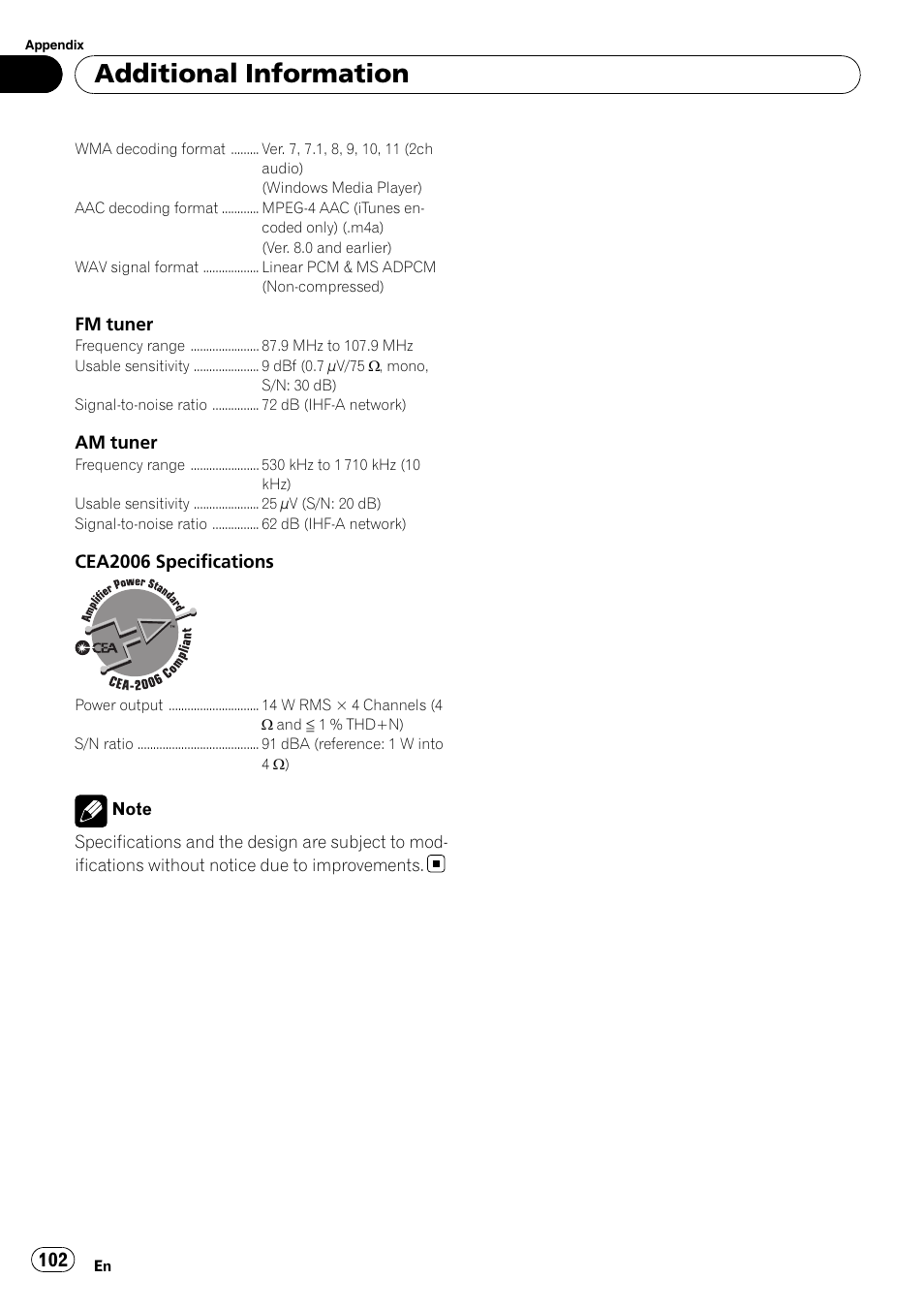 Additional information | Pioneer SUPERTUNER 3 AVH-P5100DVD User Manual | Page 102 / 104