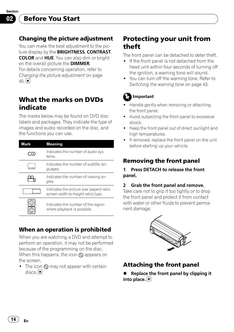 When an operation is prohibited 14, Changing the picture adjustment 14, What the marks on dvds indicate | Protecting your unit from theft, Removing the front panel 14, Attaching the front panel 14, Before you start, Changing the picture adjustment, When an operation is prohibited, Removing the front panel | Pioneer SUPERTUNER 3 AVH-P5100DVD User Manual | Page 14 / 104