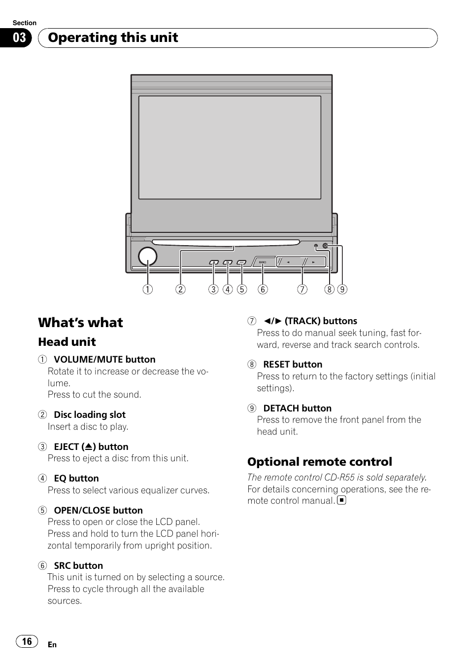 Operating this unit what, S what 16, Head unit 16 | Optional remote control 16, What ’s what, Operating this unit | Pioneer SUPERTUNER 3 AVH-P5100DVD User Manual | Page 16 / 104