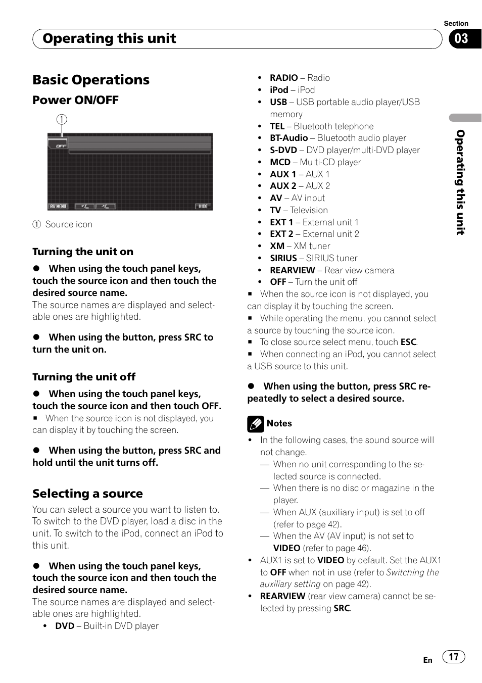 Basic operations, Power on/off 17, Selecting a source 17 | Operating this unit, Power on/off, Selecting a source | Pioneer SUPERTUNER 3 AVH-P5100DVD User Manual | Page 17 / 104