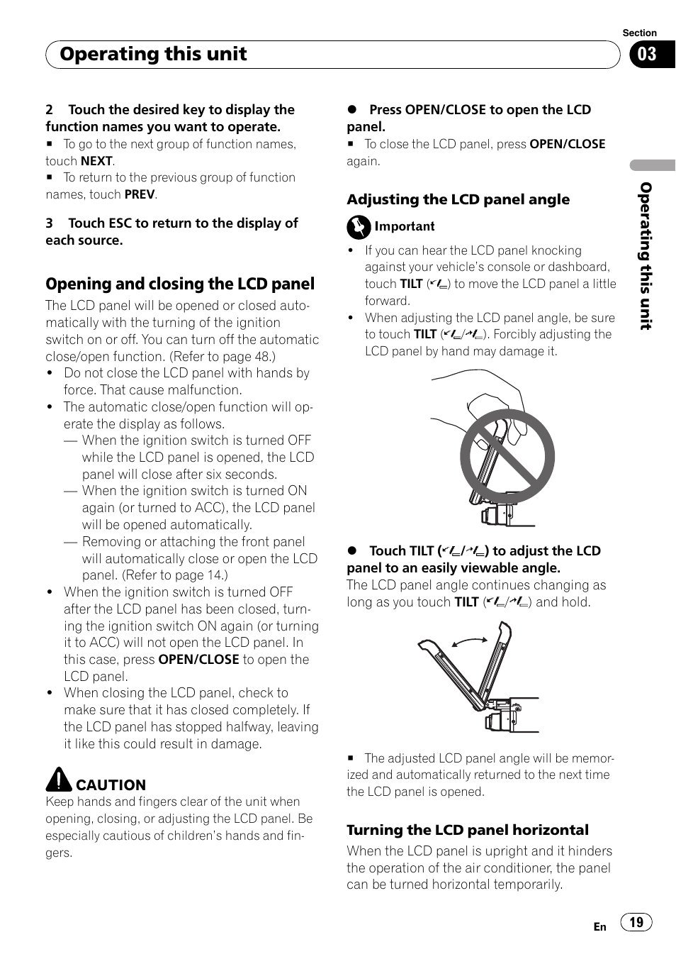 Opening and closing the lcd, Panel, Operating this unit | Opening and closing the lcd panel | Pioneer SUPERTUNER 3 AVH-P5100DVD User Manual | Page 19 / 104