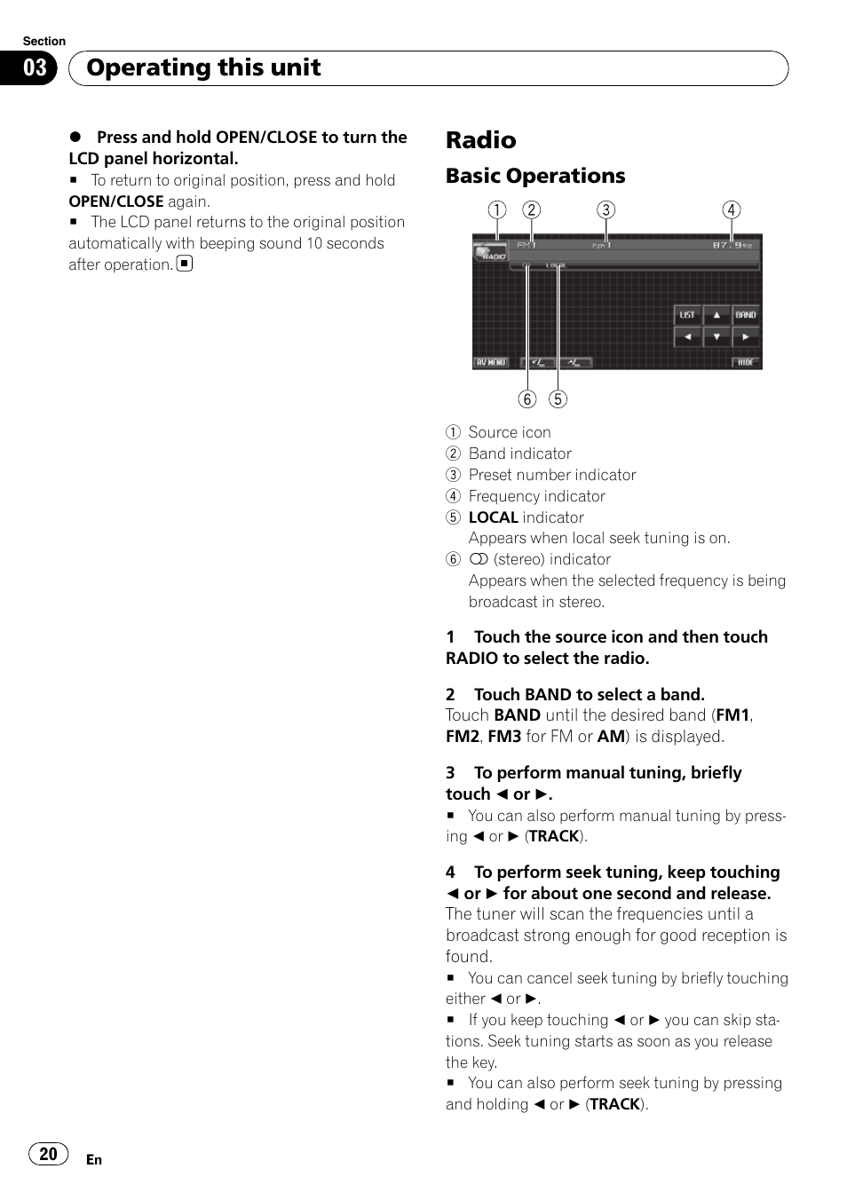 Radio, Basic operations 20, Operating this unit | Basic operations | Pioneer SUPERTUNER 3 AVH-P5100DVD User Manual | Page 20 / 104