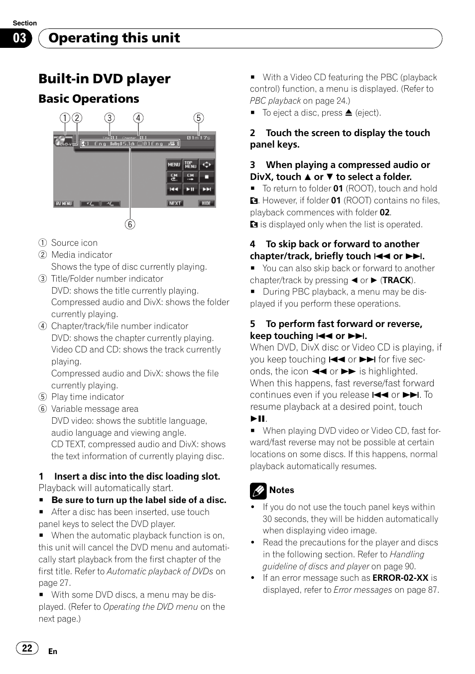 Built-in dvd player, Basic operations 22, Operating this unit | Basic operations | Pioneer SUPERTUNER 3 AVH-P5100DVD User Manual | Page 22 / 104