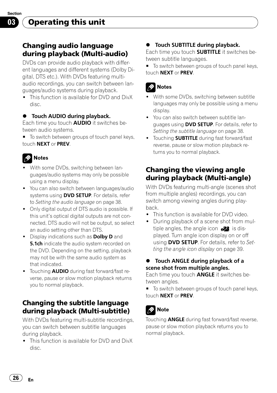 Changing audio language during, Playback (multi-audio), Changing the subtitle language during | Playback (multi-subtitle), Changing the viewing angle during, Playback (multi-angle), Operating this unit | Pioneer SUPERTUNER 3 AVH-P5100DVD User Manual | Page 26 / 104