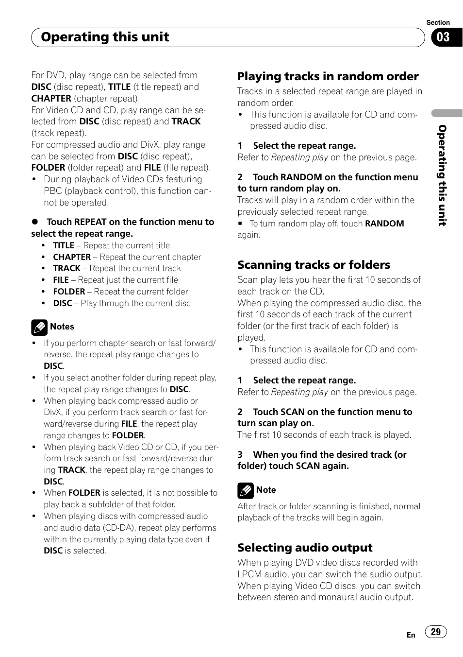 Playing tracks in random order 29, Scanning tracks or folders 29, Selecting audio output 29 | Operating this unit, Playing tracks in random order, Scanning tracks or folders, Selecting audio output | Pioneer SUPERTUNER 3 AVH-P5100DVD User Manual | Page 29 / 104