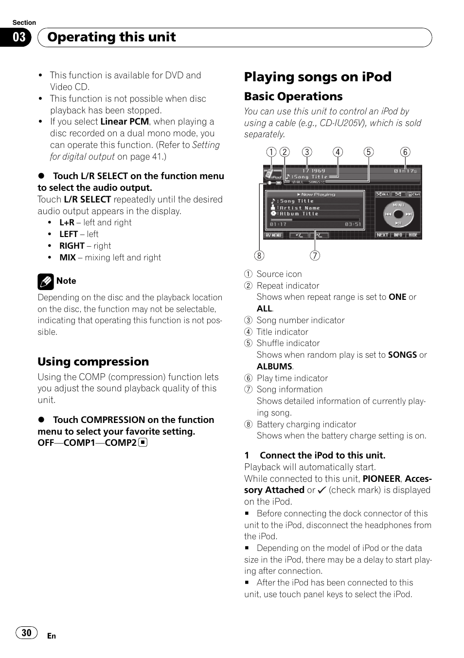Using compression 30, Playing songs on ipod, Basic operations 30 | Operating this unit, Using compression, Basic operations | Pioneer SUPERTUNER 3 AVH-P5100DVD User Manual | Page 30 / 104