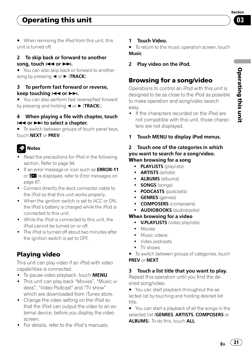 Playing video 31, Browsing for a song/video 31, Operating this unit | Playing video, Browsing for a song/video | Pioneer SUPERTUNER 3 AVH-P5100DVD User Manual | Page 31 / 104