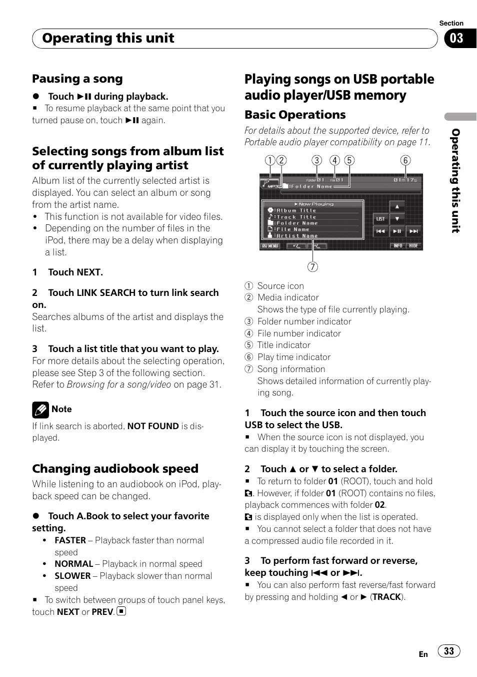 Pausing a song 33, Selecting songs from album list of, Currently playing artist | Changing audiobook speed 33, Playing songs on usb portable audio player, Usb memory, Basic operations 33, Operating this unit, Pausing a song, Changing audiobook speed | Pioneer SUPERTUNER 3 AVH-P5100DVD User Manual | Page 33 / 104