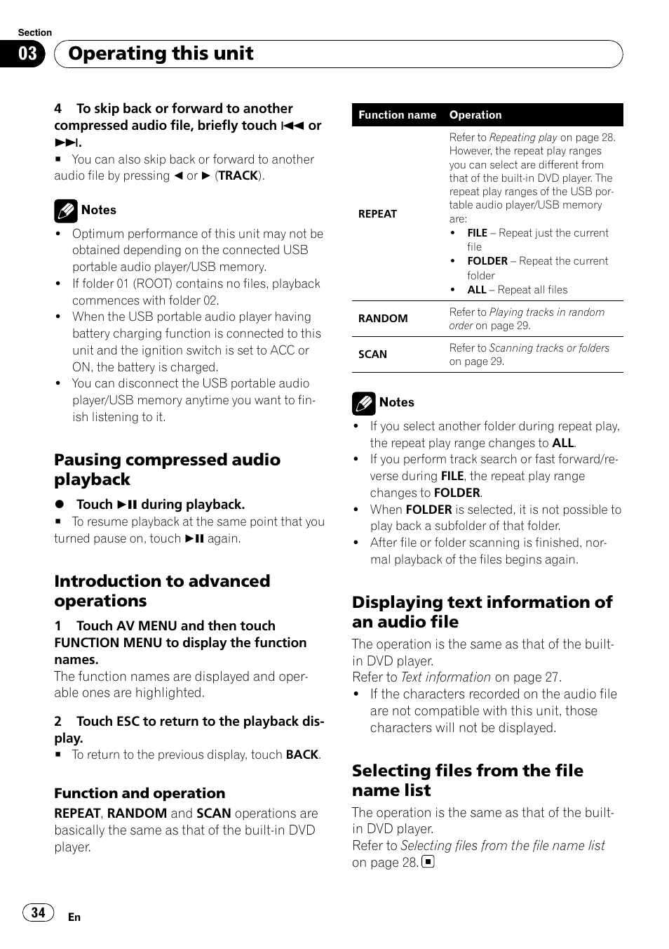 Pausing compressed audio, Playback, Introduction to advanced | Operations, Displaying text information of an audio, File, Selecting files from the file name, List, Operating this unit, Pausing compressed audio playback | Pioneer SUPERTUNER 3 AVH-P5100DVD User Manual | Page 34 / 104