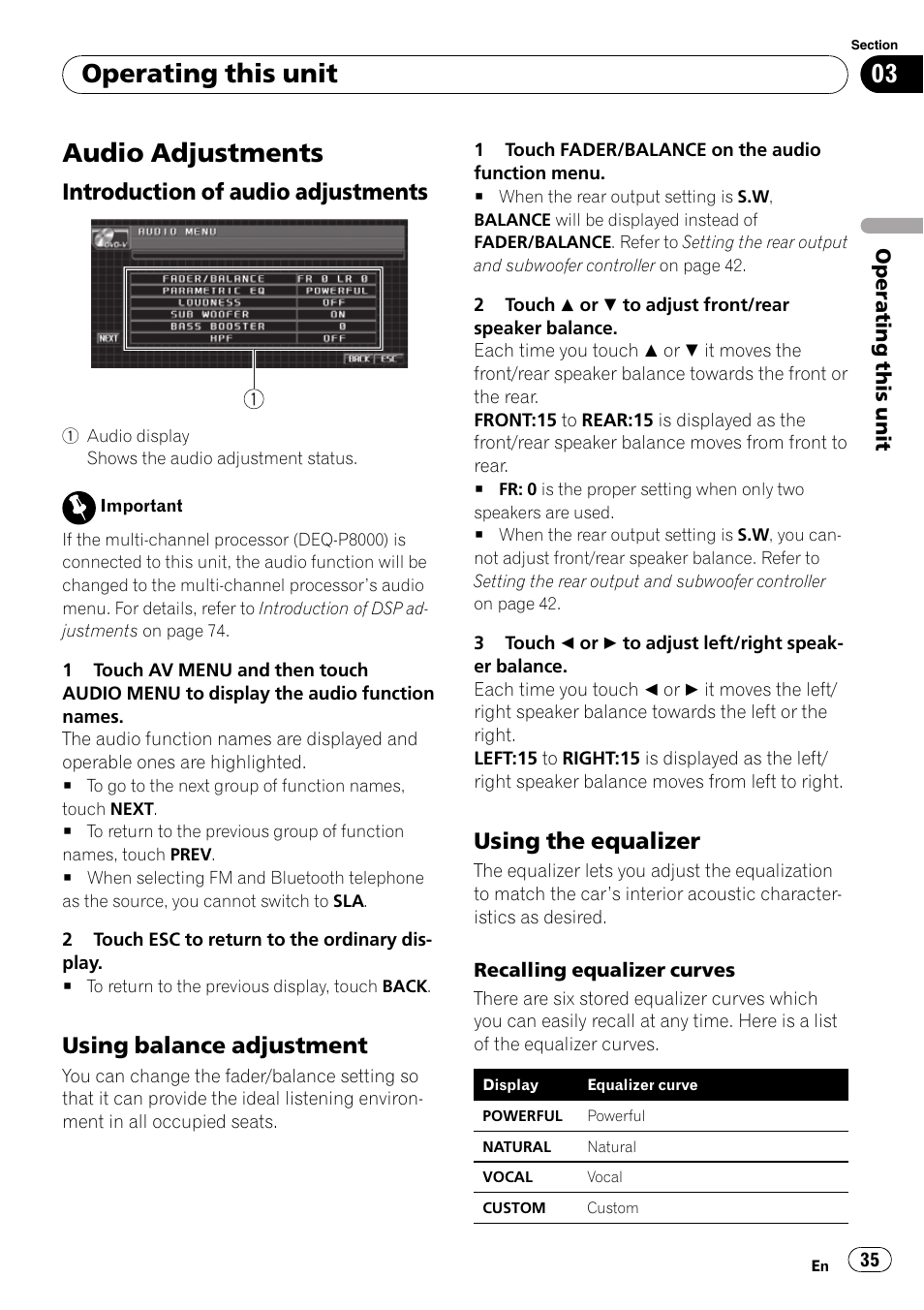 Audio adjustments, Introduction of audio adjustments 35, Using balance adjustment 35 | Using the equalizer 35, Operating this unit, Introduction of audio adjustments, Using balance adjustment, Using the equalizer | Pioneer SUPERTUNER 3 AVH-P5100DVD User Manual | Page 35 / 104