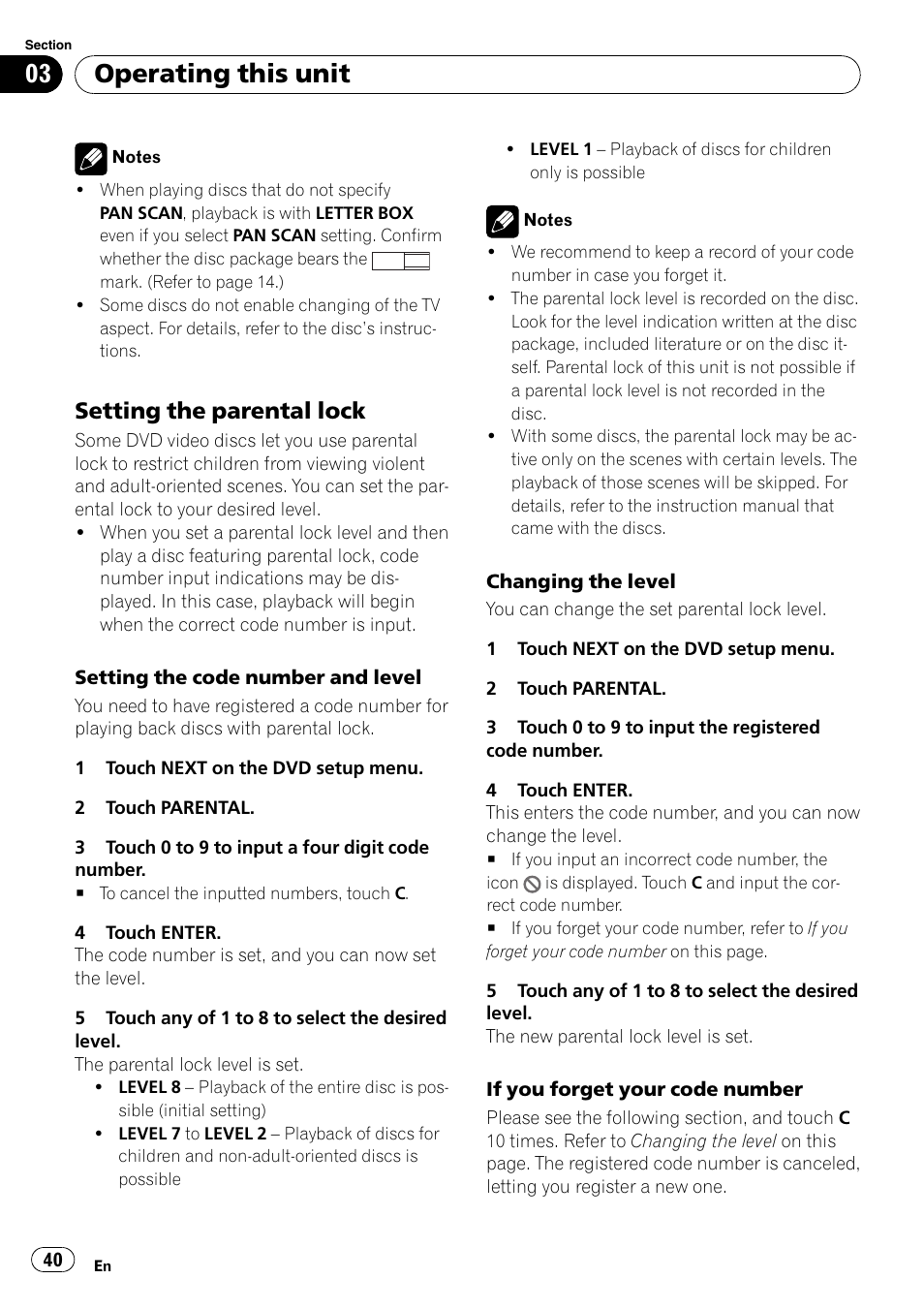 Setting the parental lock 40, Operating this unit, Setting the parental lock | Pioneer SUPERTUNER 3 AVH-P5100DVD User Manual | Page 40 / 104