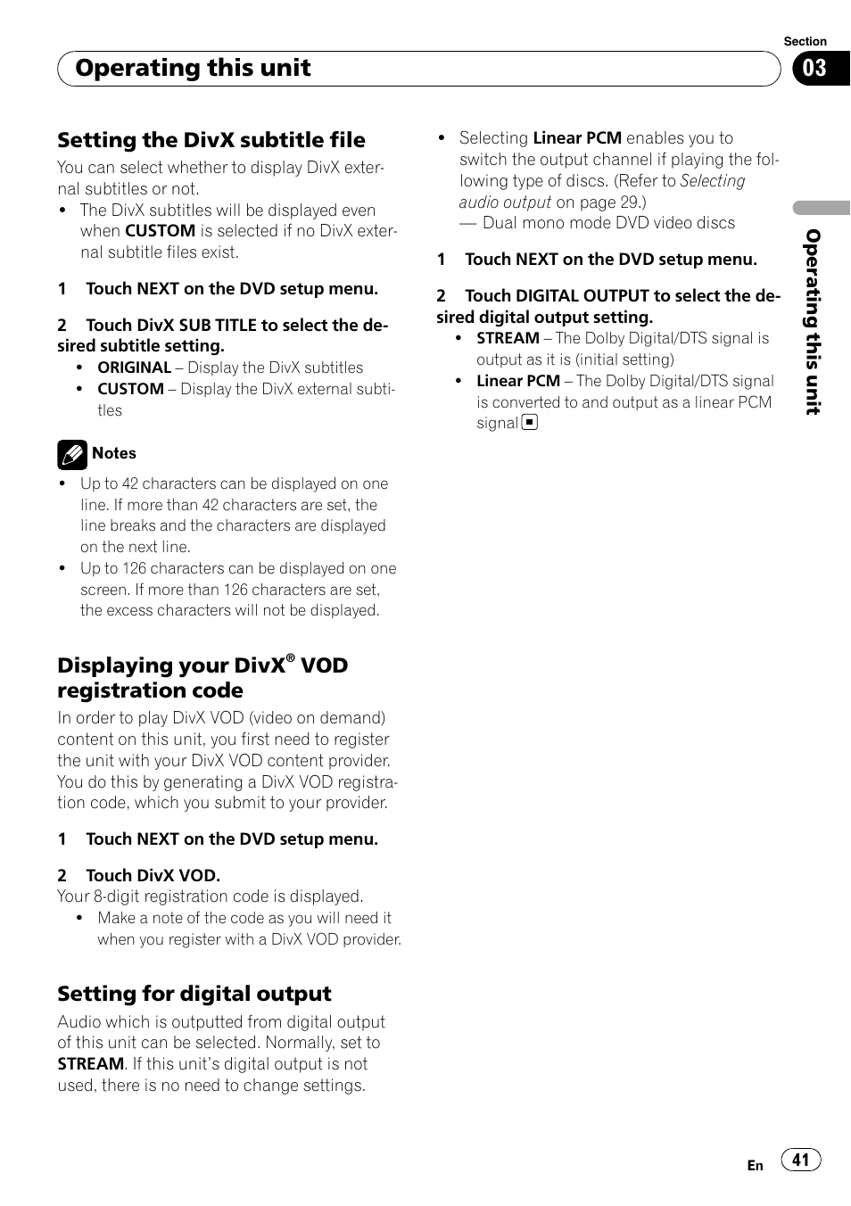 Setting the divx subtitle file 41, Displaying your divx® vod, Registration code | Setting for digital output 41, Operating this unit, Setting the divx subtitle file, Displaying your divx, Vod registration code, Setting for digital output | Pioneer SUPERTUNER 3 AVH-P5100DVD User Manual | Page 41 / 104