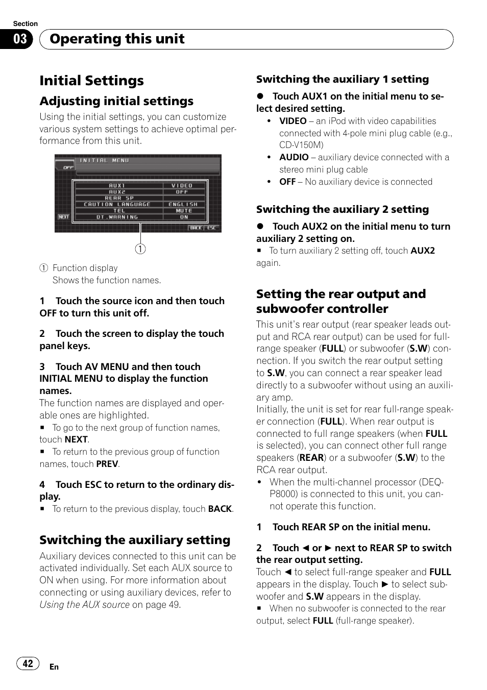 Initial settings, Adjusting initial settings 42, Switching the auxiliary setting 42 | Setting the rear output and subwoofer, Controller, Switching the, Operating this unit, Adjusting initial settings, Switching the auxiliary setting, Setting the rear output and subwoofer controller | Pioneer SUPERTUNER 3 AVH-P5100DVD User Manual | Page 42 / 104