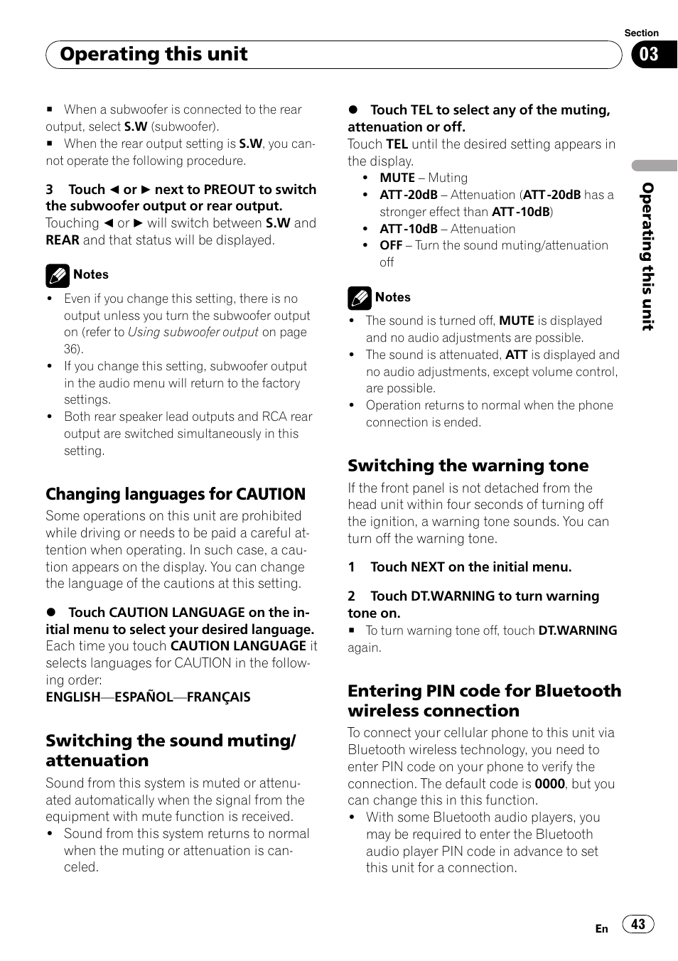 Changing languages for caution 43, Switching the sound muting, Attenuation | Switching the warning tone 43, Entering pin code for bluetooth, Wireless connection, Operating this unit, Changing languages for caution, Switching the sound muting/ attenuation, Switching the warning tone | Pioneer SUPERTUNER 3 AVH-P5100DVD User Manual | Page 43 / 104