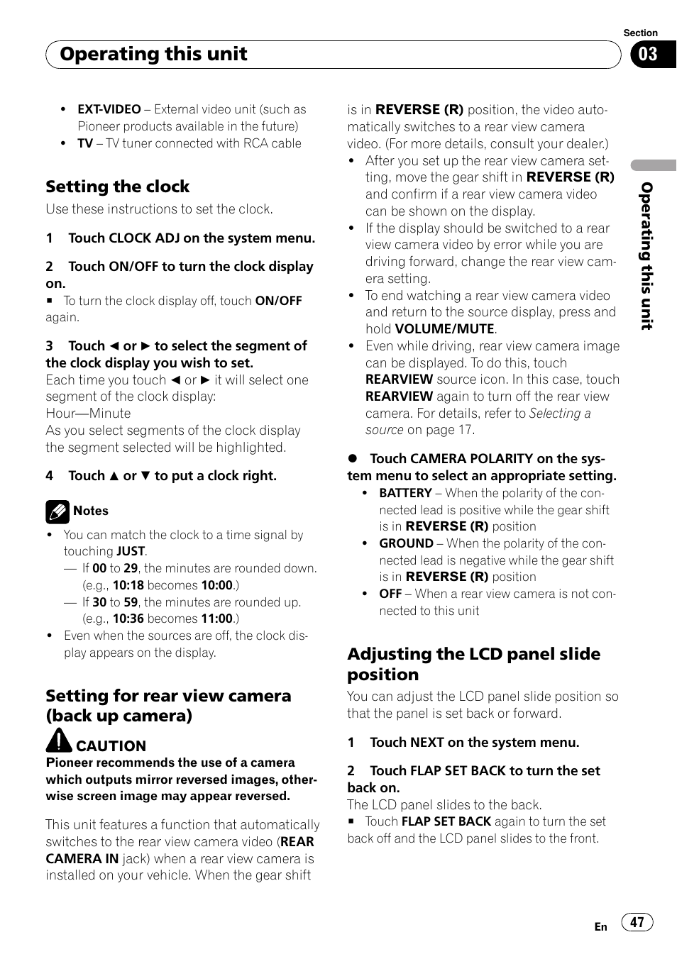 Setting the clock 47, Setting for rear view camera (back up, Camera) | Adjusting the lcd panel slide, Position, Operating this unit, Setting the clock, Setting for rear view camera (back up camera), Adjusting the lcd panel slide position | Pioneer SUPERTUNER 3 AVH-P5100DVD User Manual | Page 47 / 104