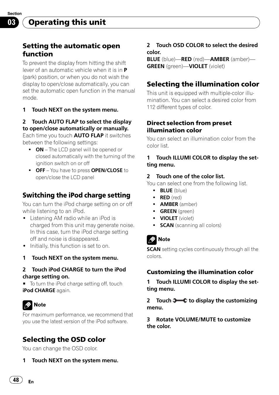 Setting the automatic open, Function, Switching the ipod charge setting 48 | Selecting the osd color 48, Selecting the illumination color 48, Operating this unit, Setting the automatic open function, Switching the ipod charge setting, Selecting the osd color, Selecting the illumination color | Pioneer SUPERTUNER 3 AVH-P5100DVD User Manual | Page 48 / 104