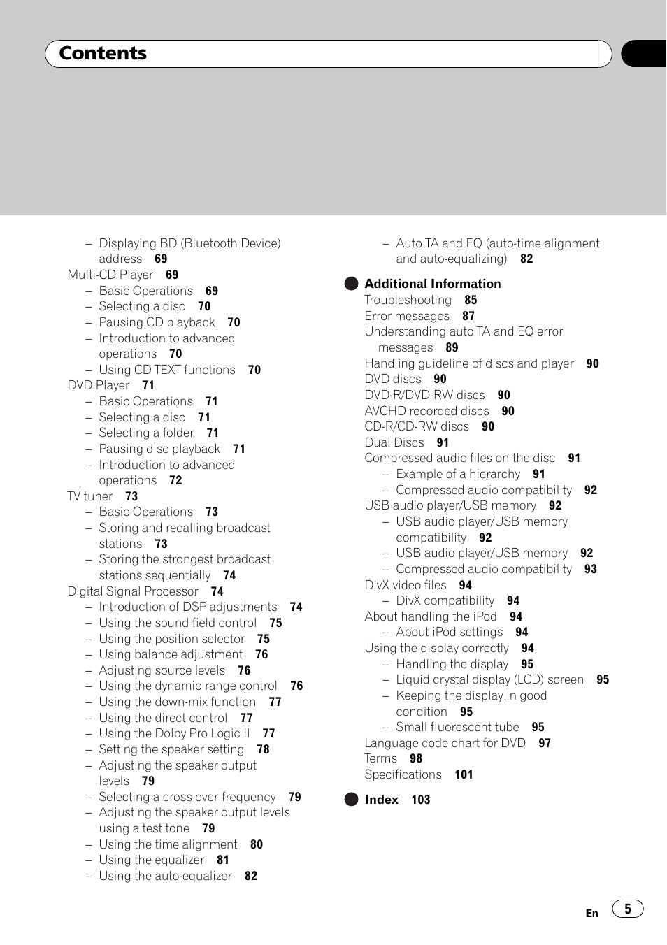 Pioneer SUPERTUNER 3 AVH-P5100DVD User Manual | Page 5 / 104