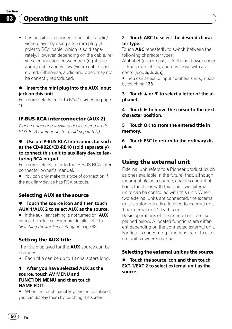 Using the external unit 50, Operating this unit, Using the external unit | Pioneer SUPERTUNER 3 AVH-P5100DVD User Manual | Page 50 / 104