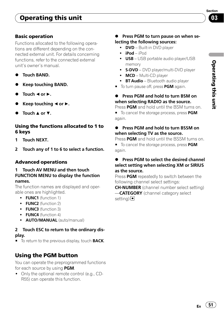 Using the pgm button 51, Operating this unit, Using the pgm button | Pioneer SUPERTUNER 3 AVH-P5100DVD User Manual | Page 51 / 104