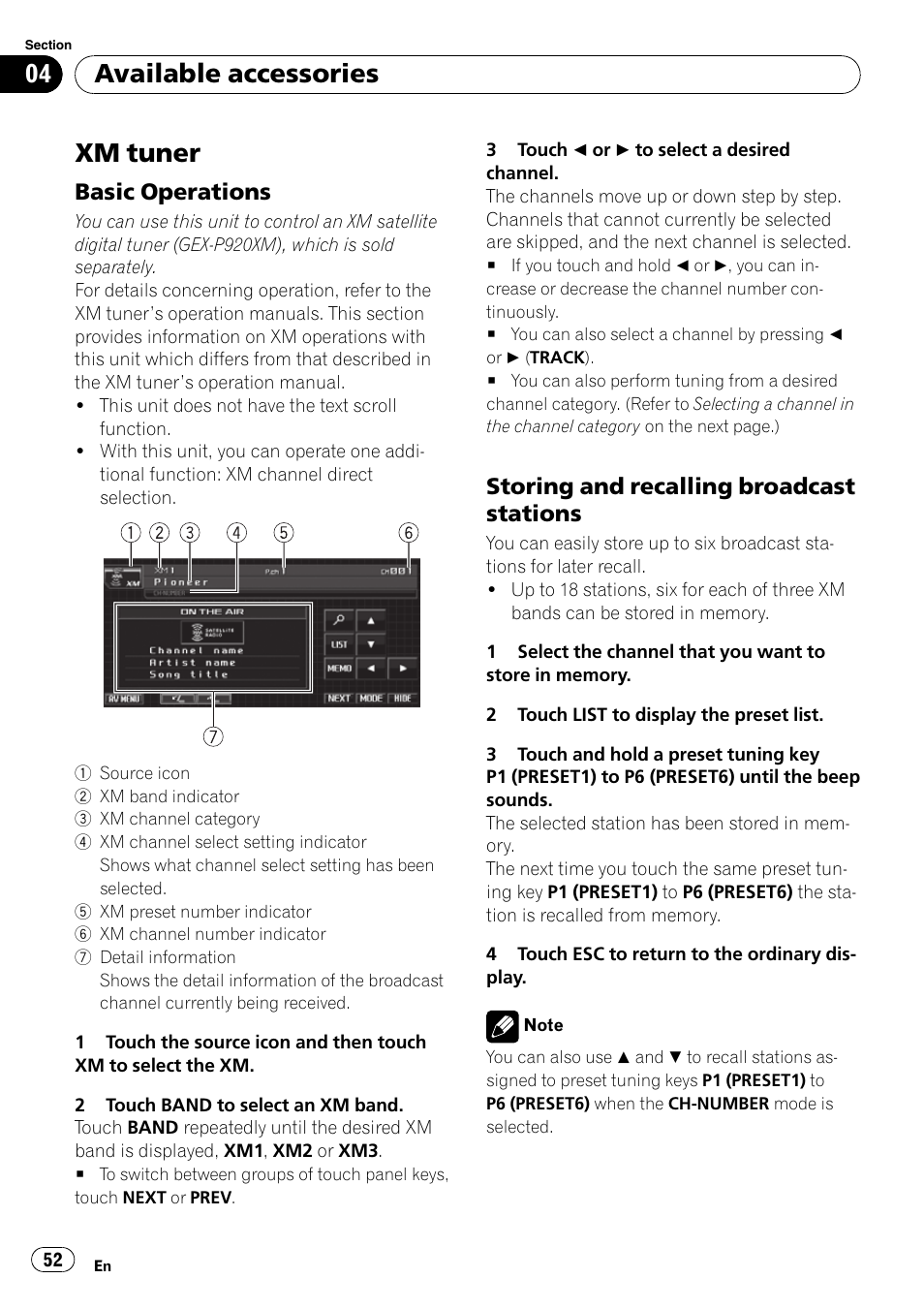 Available accessories xm tuner, Basic operations 52, Storing and recalling broadcast | Stations, Xm tuner, Available accessories, Basic operations, Storing and recalling broadcast stations | Pioneer SUPERTUNER 3 AVH-P5100DVD User Manual | Page 52 / 104