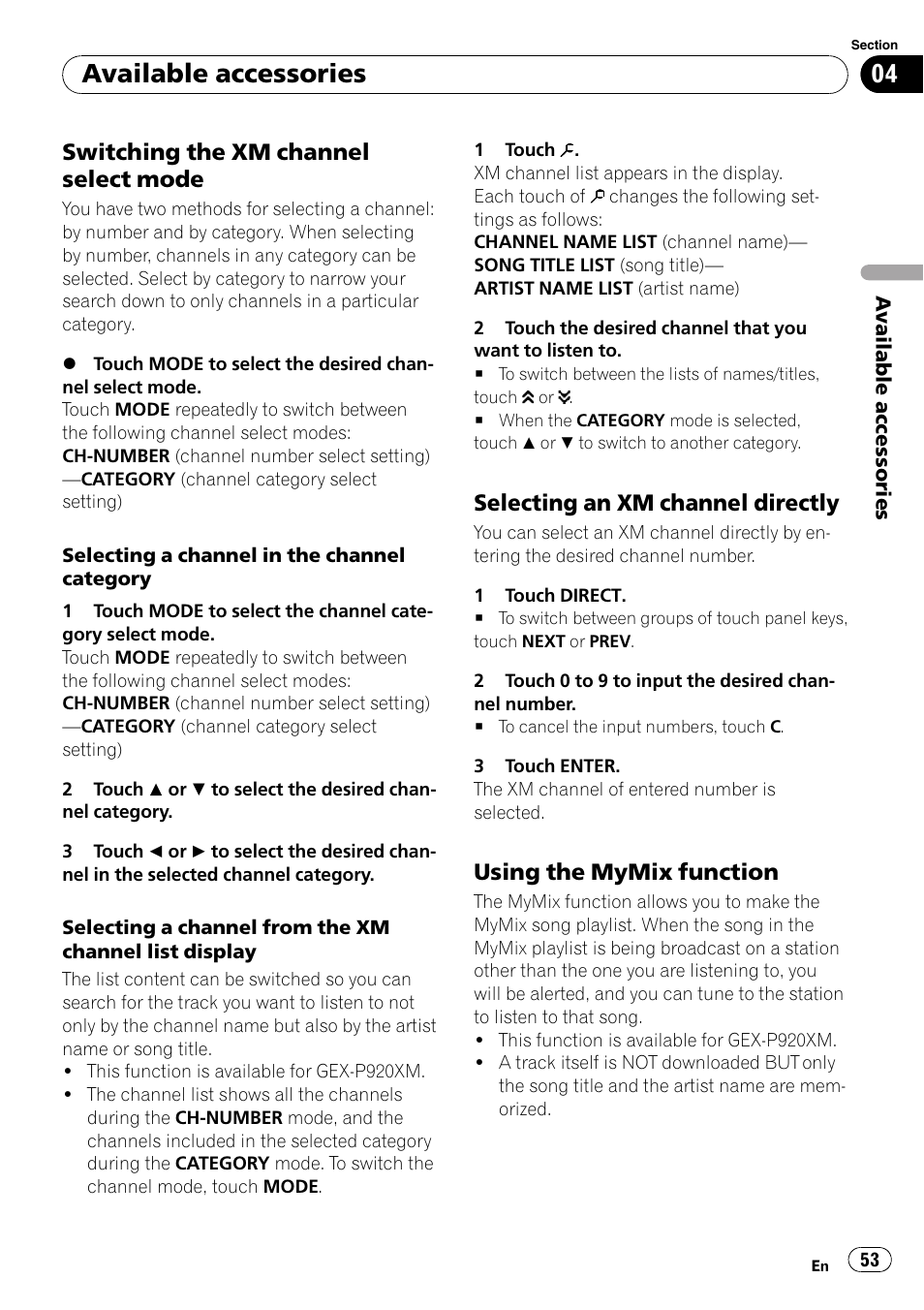 Switching the xm channel select, Mode, Selecting an xm channel directly 53 | Using the mymix function 53, Available accessories, Switching the xm channel select mode, Selecting an xm channel directly, Using the mymix function | Pioneer SUPERTUNER 3 AVH-P5100DVD User Manual | Page 53 / 104