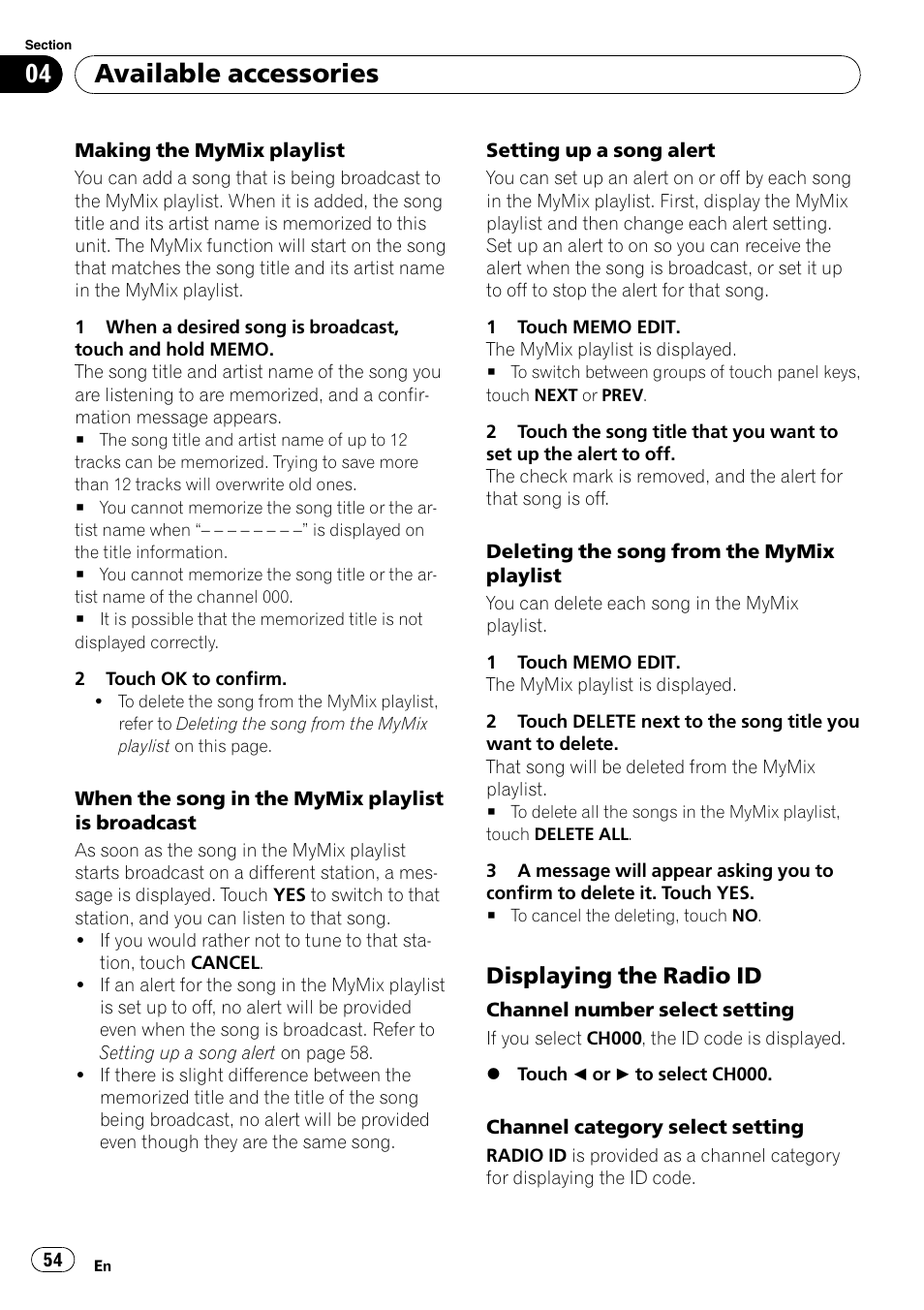 Displaying the radio id 54, Available accessories, Displaying the radio id | Pioneer SUPERTUNER 3 AVH-P5100DVD User Manual | Page 54 / 104
