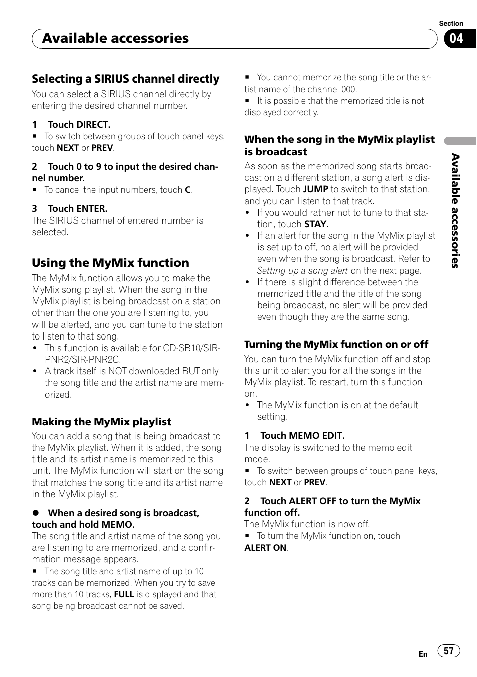 Selecting a sirius channel, Directly, Using the mymix function 57 | Available accessories, Selecting a sirius channel directly, Using the mymix function | Pioneer SUPERTUNER 3 AVH-P5100DVD User Manual | Page 57 / 104
