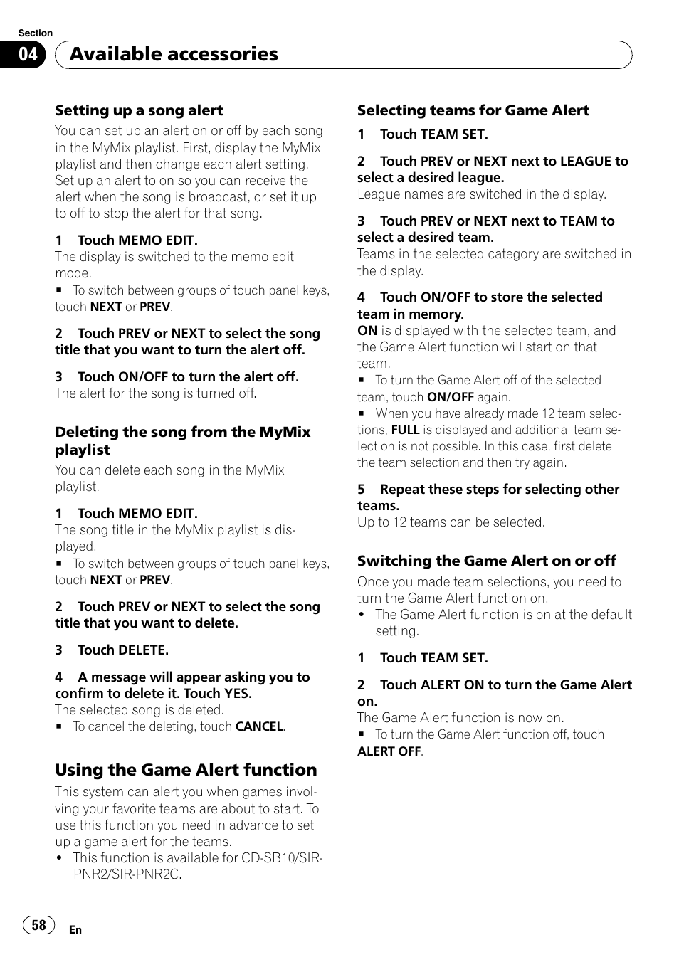 Using the game alert function 58, Available accessories, Using the game alert function | Pioneer SUPERTUNER 3 AVH-P5100DVD User Manual | Page 58 / 104