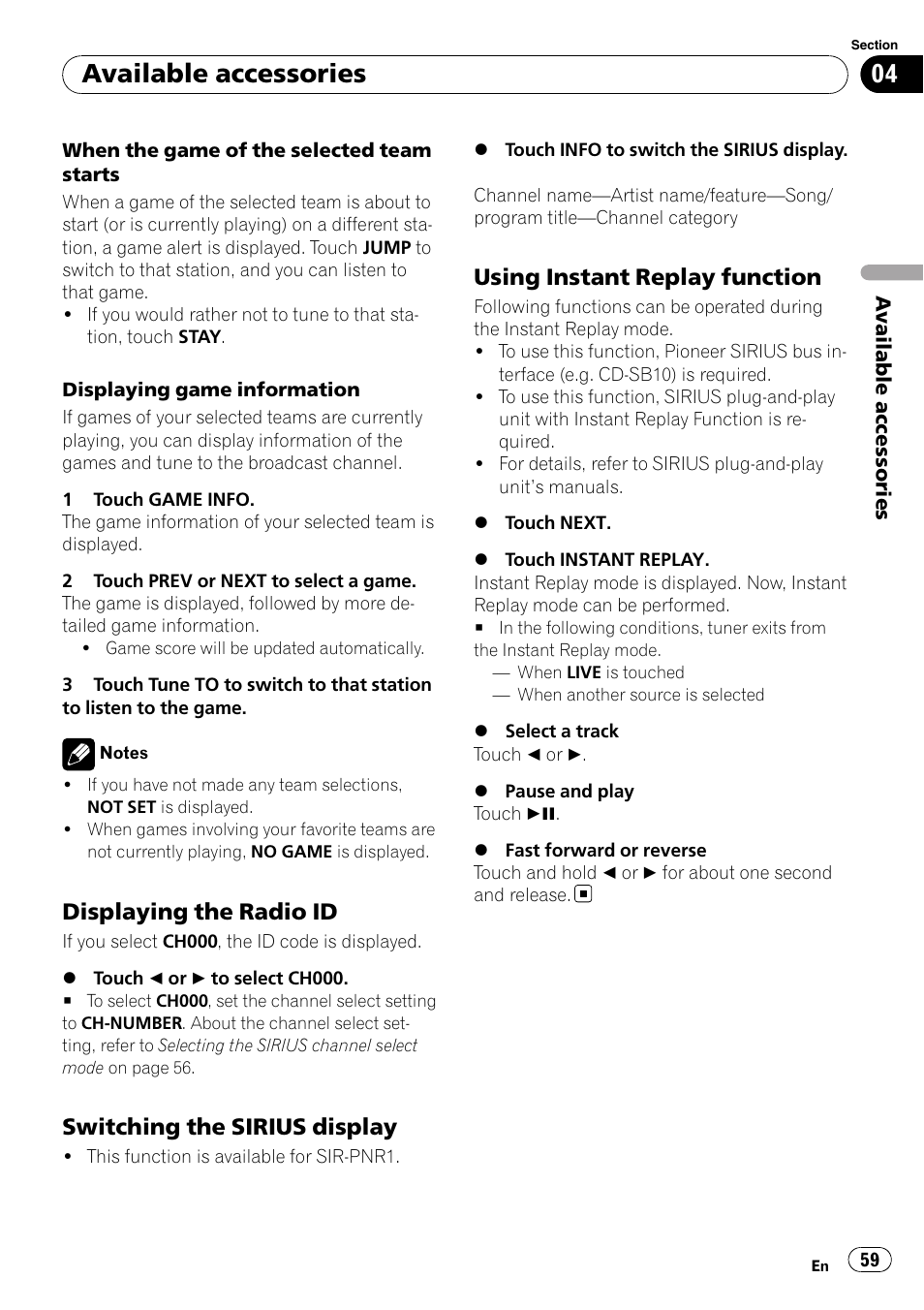 Displaying the radio id 59, Switching the sirius display 59, Using instant replay function 59 | Available accessories, Displaying the radio id, Switching the sirius display, Using instant replay function | Pioneer SUPERTUNER 3 AVH-P5100DVD User Manual | Page 59 / 104