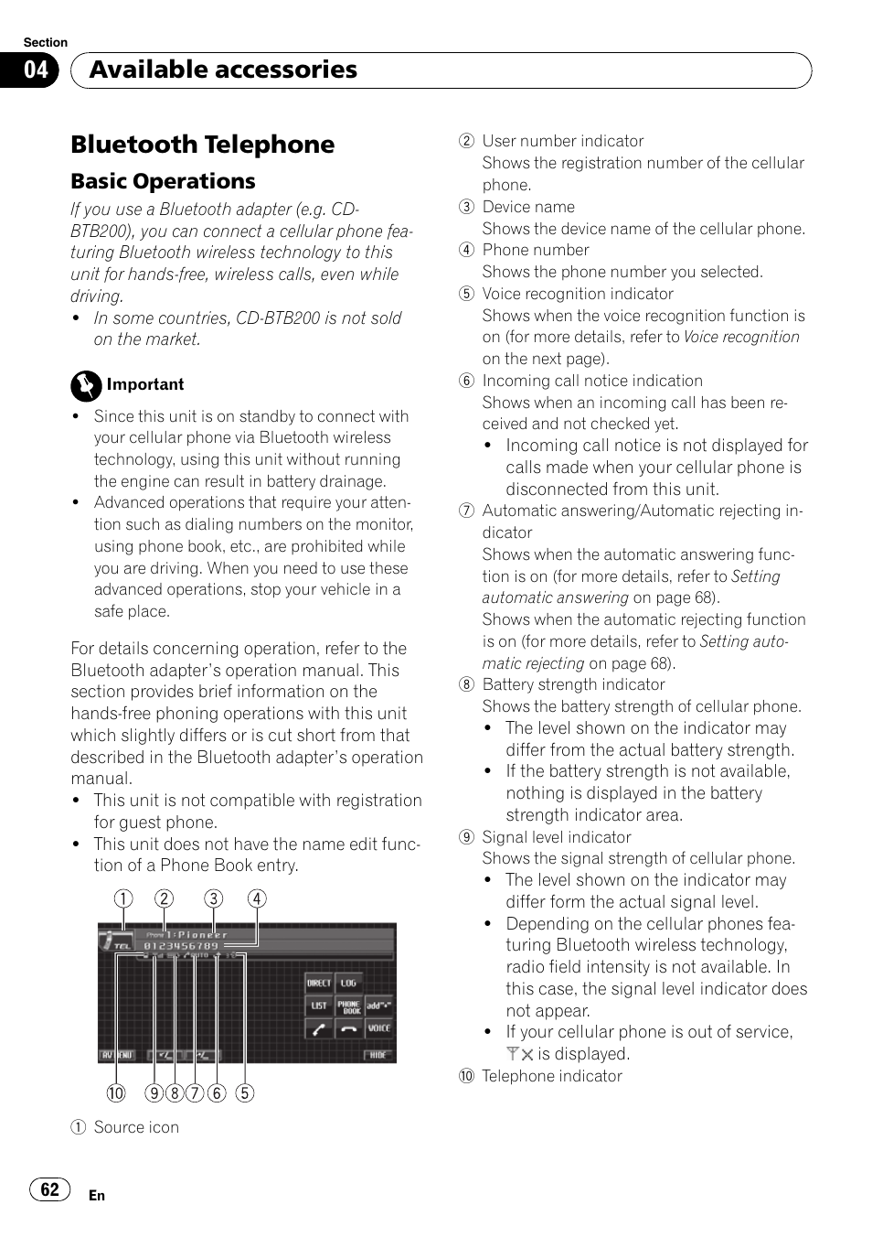 Bluetooth telephone, Basic operations 62, Available accessories | Basic operations | Pioneer SUPERTUNER 3 AVH-P5100DVD User Manual | Page 62 / 104