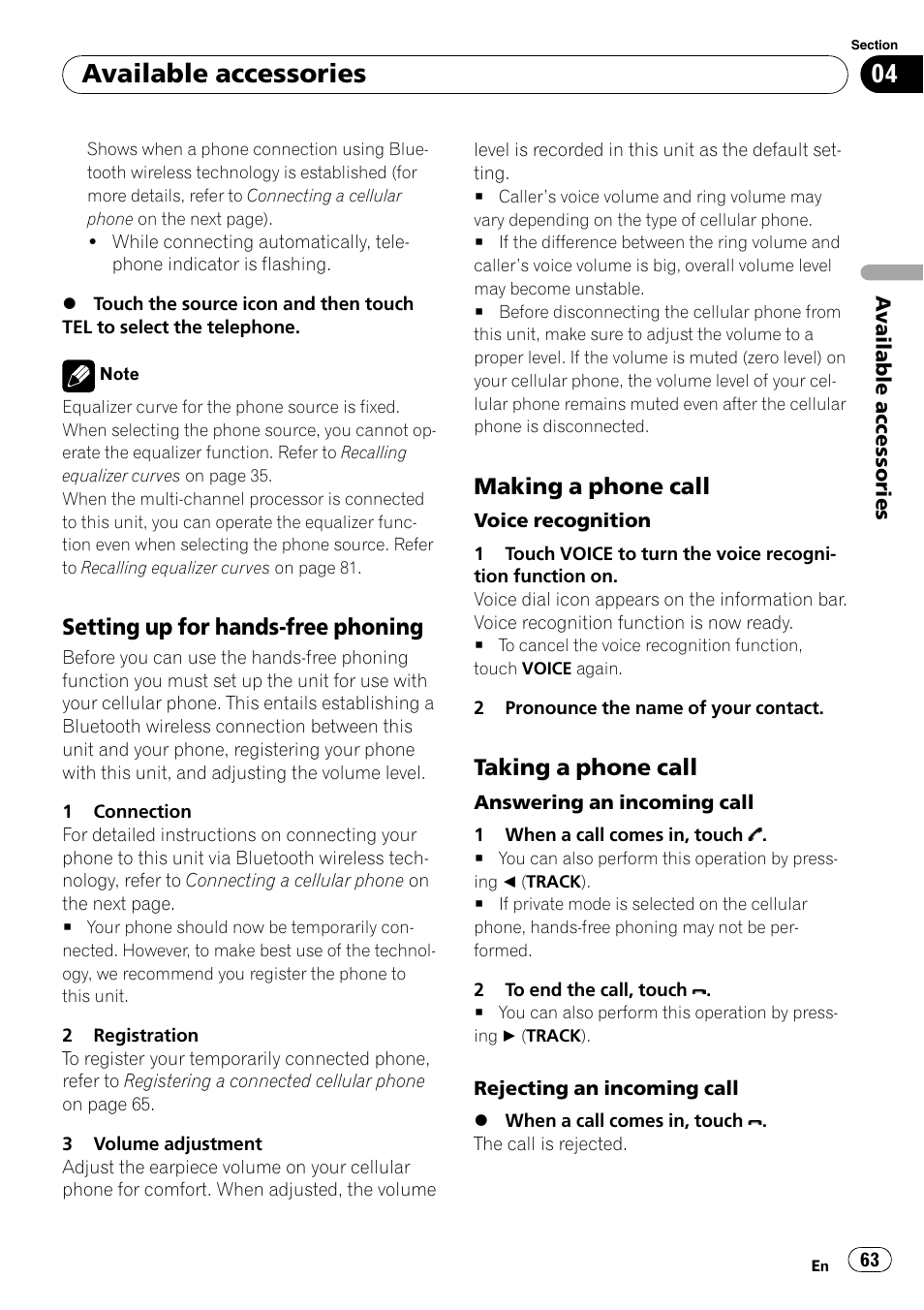 Setting up for hands-free phoning 63, Making a phone call 63, Taking a phone call 63 | Available accessories, Setting up for hands-free phoning, Making a phone call, Taking a phone call | Pioneer SUPERTUNER 3 AVH-P5100DVD User Manual | Page 63 / 104