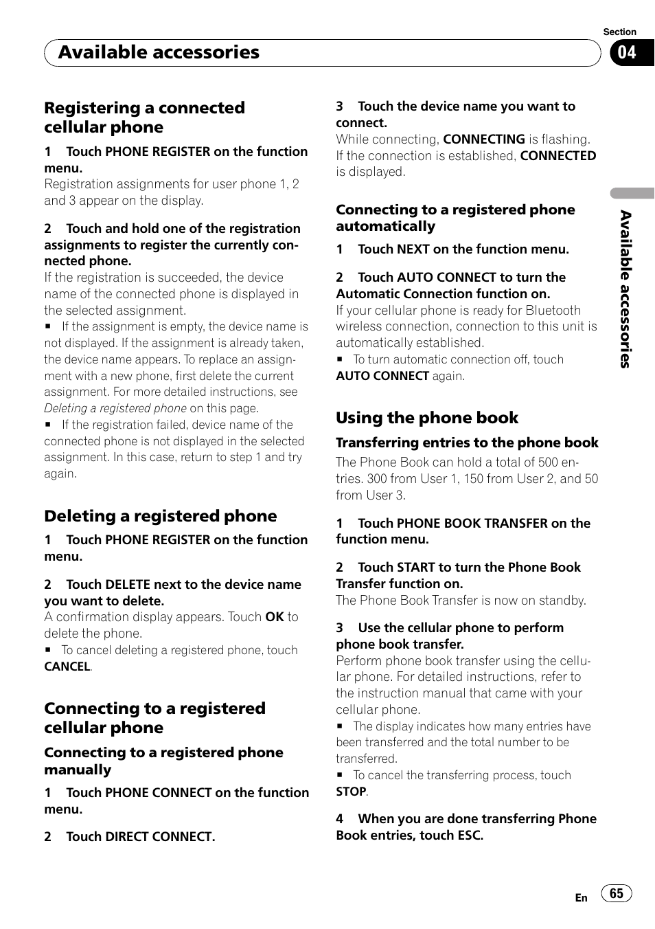 Registering a connected cellular, Phone, Deleting a registered phone 65 | Connecting to a registered cellular, Using the phone book 65, Available accessories, Registering a connected cellular phone, Deleting a registered phone, Connecting to a registered cellular phone, Using the phone book | Pioneer SUPERTUNER 3 AVH-P5100DVD User Manual | Page 65 / 104