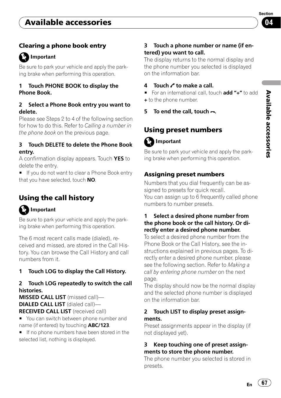 Using the call history 67, Using preset numbers 67, Available accessories | Using the call history, Using preset numbers | Pioneer SUPERTUNER 3 AVH-P5100DVD User Manual | Page 67 / 104