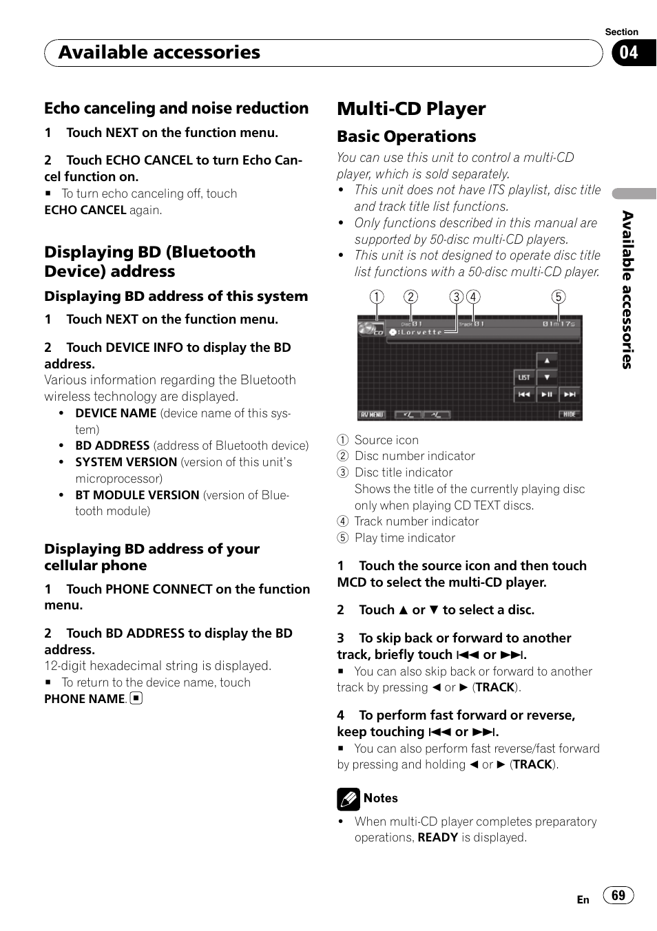 Echo canceling and noise, Reduction, Displaying bd (bluetooth device) | Address, Multi-cd player, Basic operations 69, Available accessories, Echo canceling and noise reduction, Displaying bd (bluetooth device) address, Basic operations | Pioneer SUPERTUNER 3 AVH-P5100DVD User Manual | Page 69 / 104