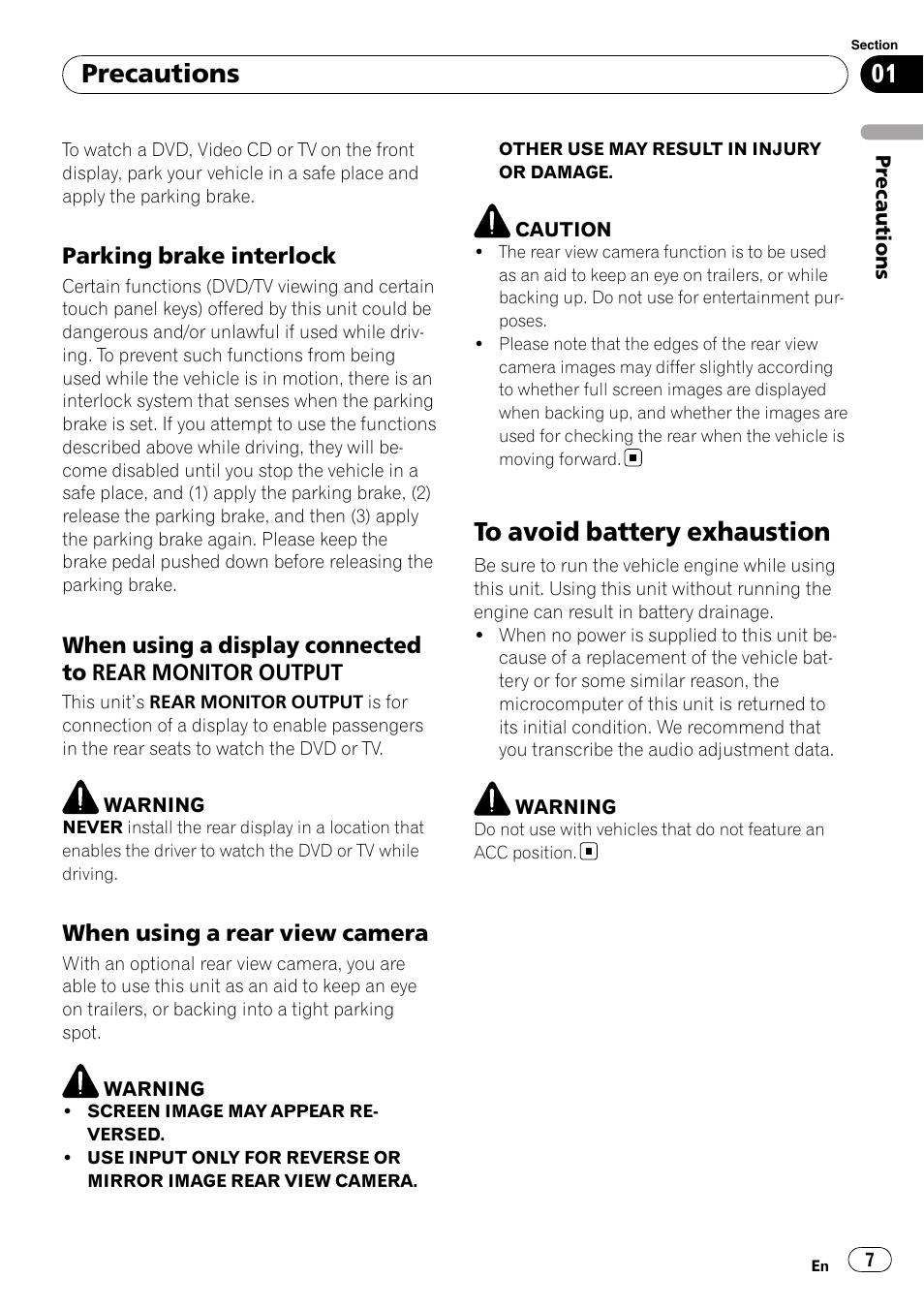 Parking brake interlock 7, When using a display connected to, Rear monitor output | When using a rear view camera 7, To avoid battery exhaustion, Precautions | Pioneer SUPERTUNER 3 AVH-P5100DVD User Manual | Page 7 / 104