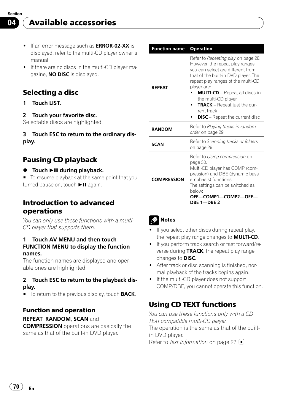 Selecting a disc 70, Pausing cd playback 70, Introduction to advanced | Operations, Using cd text functions 70, Available accessories, Selecting a disc, Pausing cd playback, Introduction to advanced operations, Using cd text functions | Pioneer SUPERTUNER 3 AVH-P5100DVD User Manual | Page 70 / 104