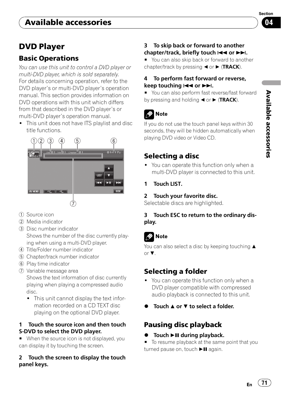 Dvd player, Basic operations 71, Selecting a disc 71 | Selecting a folder 71, Pausing disc playback 71, Available accessories, Basic operations, Selecting a disc, Selecting a folder, Pausing disc playback | Pioneer SUPERTUNER 3 AVH-P5100DVD User Manual | Page 71 / 104