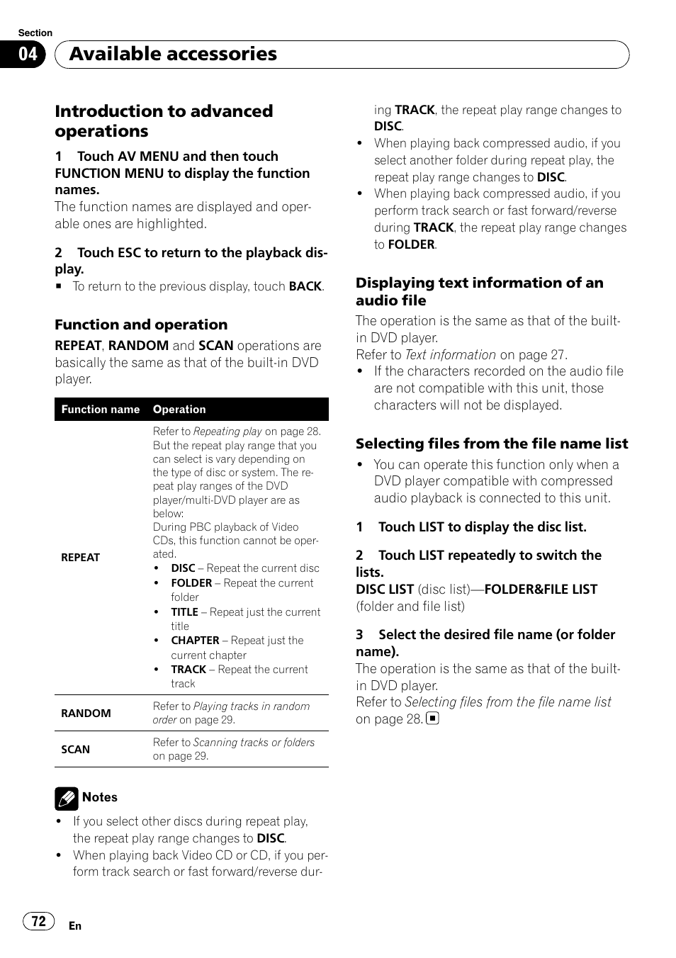 Introduction to advanced, Operations, Available accessories | Introduction to advanced operations | Pioneer SUPERTUNER 3 AVH-P5100DVD User Manual | Page 72 / 104