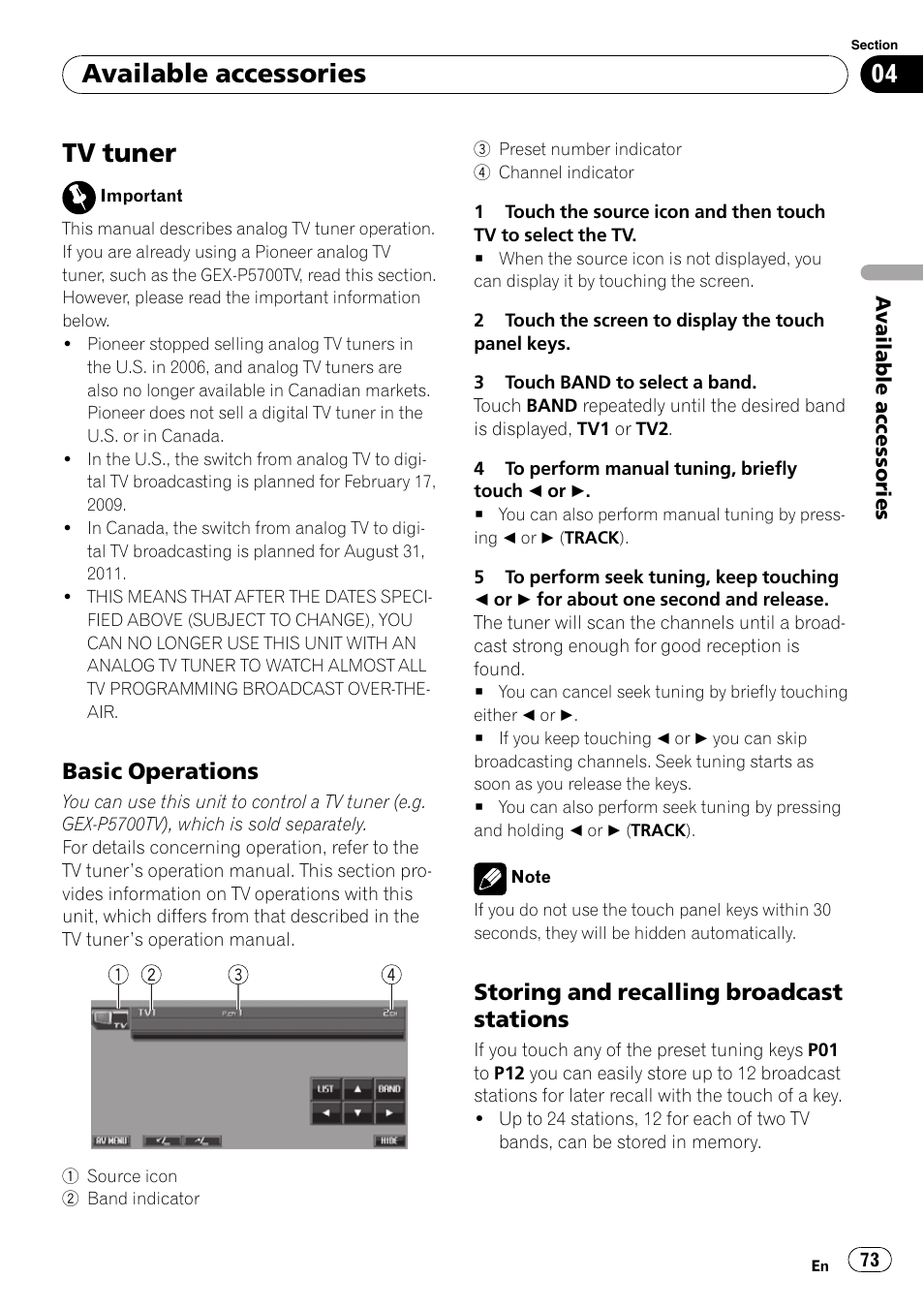 Tv tuner, Basic operations 73, Storing and recalling broadcast | Stations, Available accessories, Basic operations, Storing and recalling broadcast stations | Pioneer SUPERTUNER 3 AVH-P5100DVD User Manual | Page 73 / 104