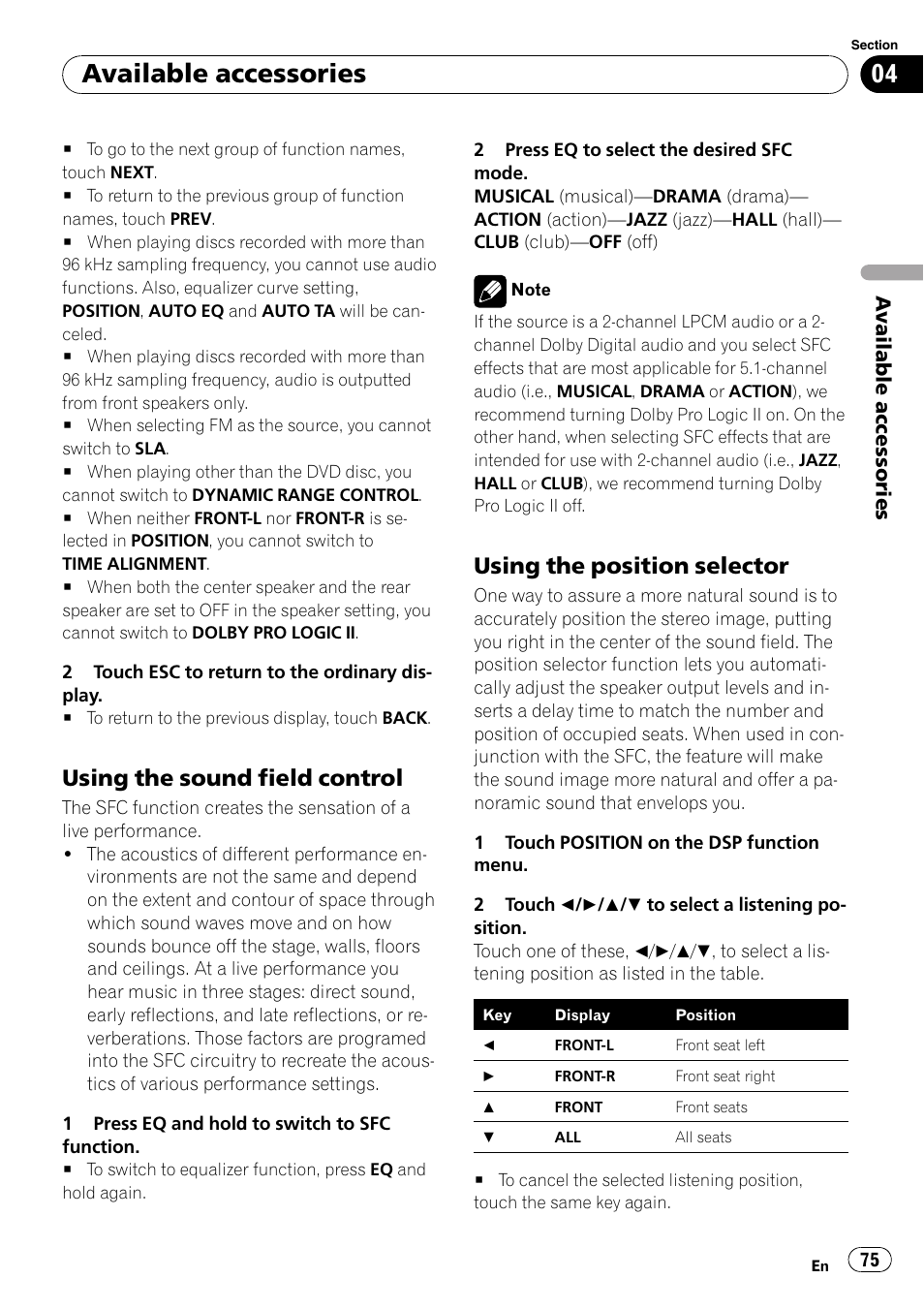Using the sound field control 75, Using the position selector 75, Using the position selector | Available accessories, Using the sound field control | Pioneer SUPERTUNER 3 AVH-P5100DVD User Manual | Page 75 / 104