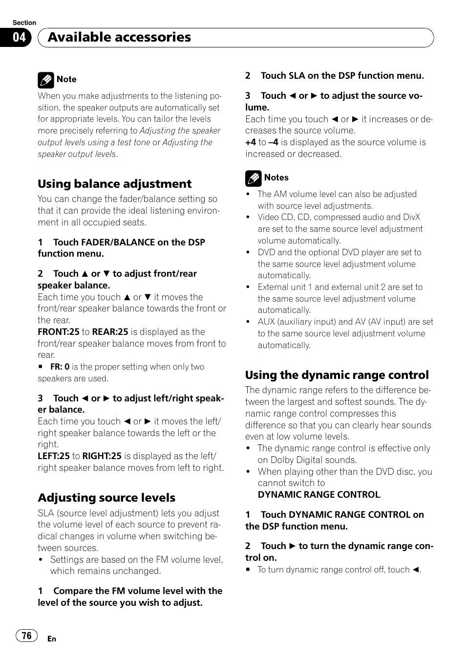 Using balance adjustment 76, Adjusting source levels 76, Using the dynamic range control 76 | Available accessories, Using balance adjustment, Adjusting source levels, Using the dynamic range control | Pioneer SUPERTUNER 3 AVH-P5100DVD User Manual | Page 76 / 104