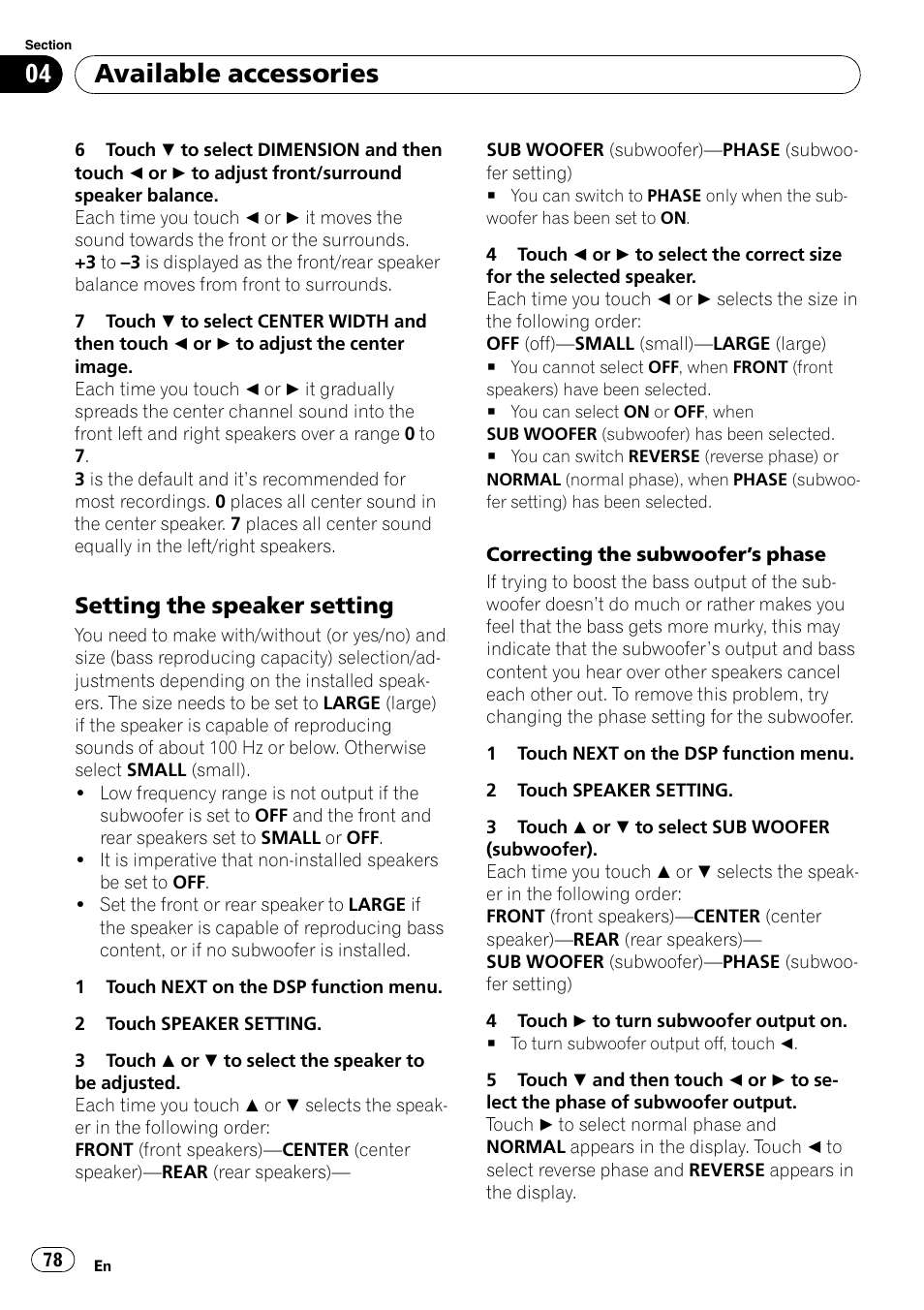 Setting the speaker setting 78, Setting the speaker setting, Available accessories | Pioneer SUPERTUNER 3 AVH-P5100DVD User Manual | Page 78 / 104