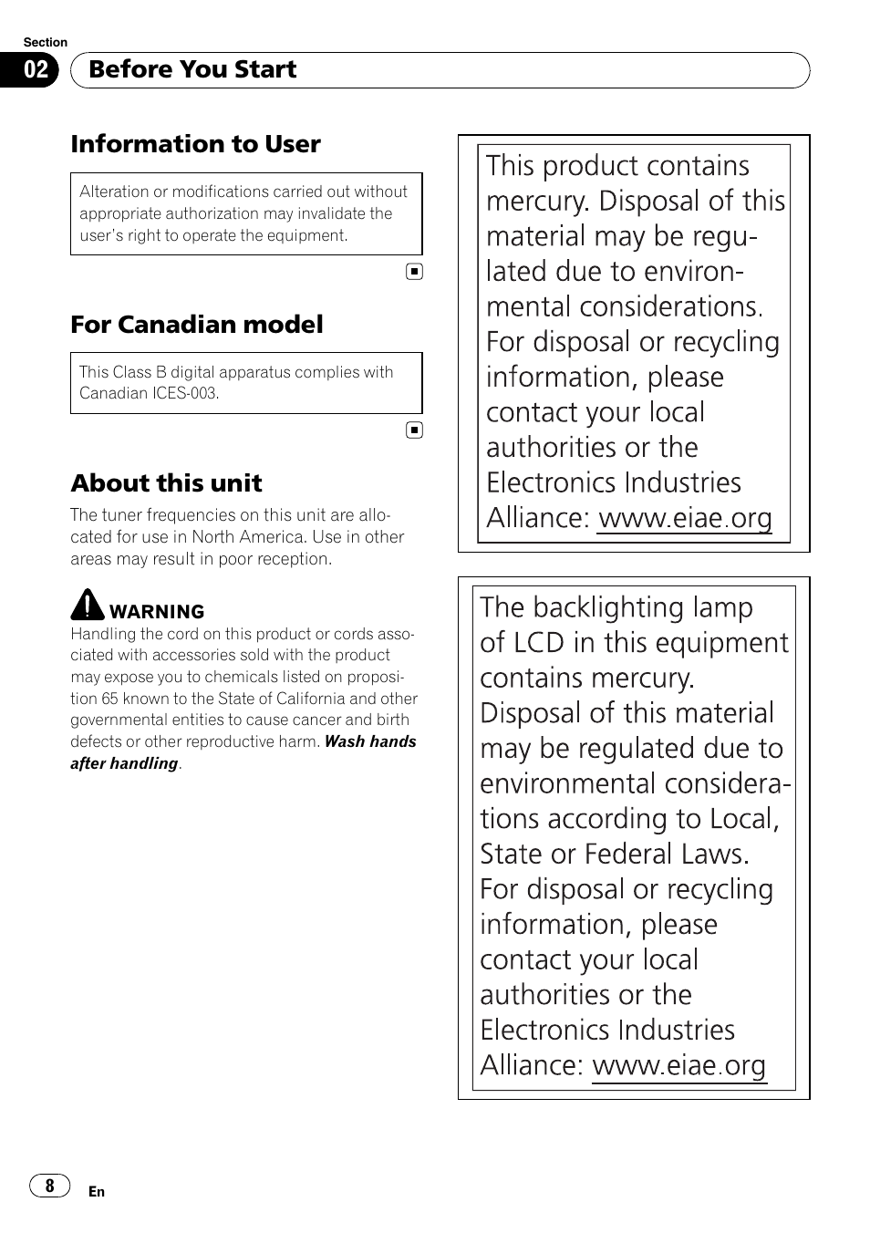 Before you start information to user, For canadian model, About this unit | Information to user, Before you start | Pioneer SUPERTUNER 3 AVH-P5100DVD User Manual | Page 8 / 104