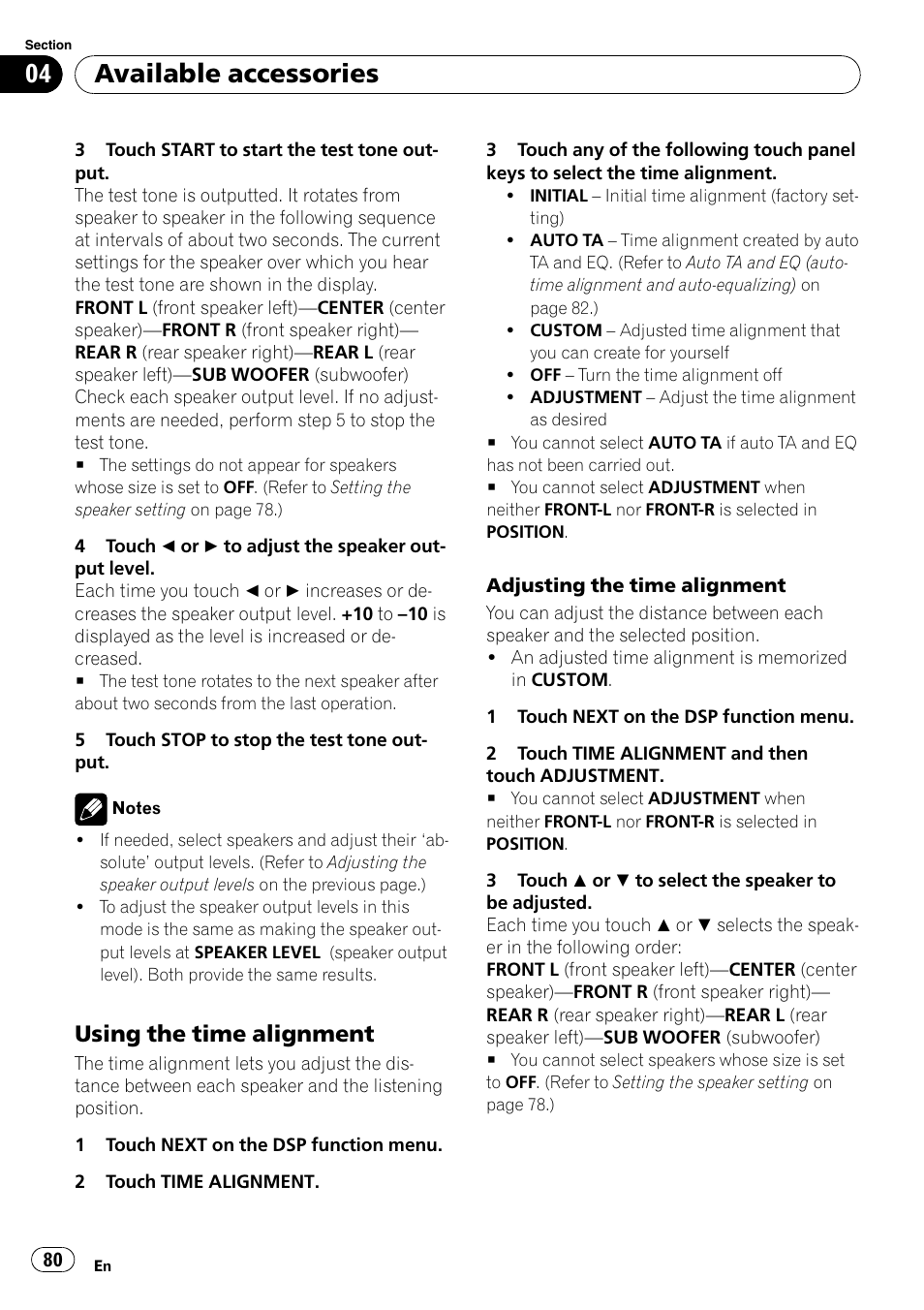 Using the time alignment 80, Adjusting the time alignment, Available accessories | Using the time alignment | Pioneer SUPERTUNER 3 AVH-P5100DVD User Manual | Page 80 / 104