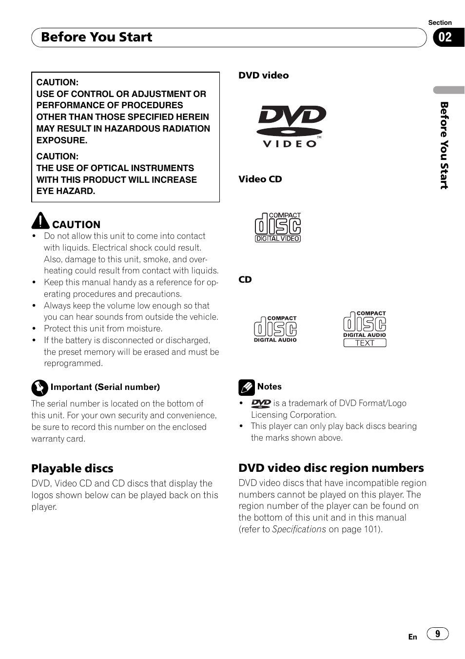 Playable discs 9, Dvd video disc region numbers 9, Before you start | Playable discs, Dvd video disc region numbers | Pioneer SUPERTUNER 3 AVH-P5100DVD User Manual | Page 9 / 104